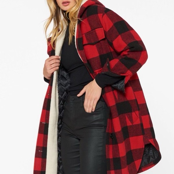Sold! Plaid Wool Oversized Shirt Jacket Red Buffalo/cream Sherpa - Picture 2 of 16